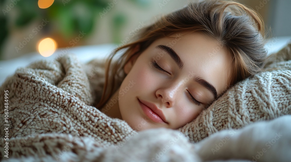 Sleeping woman and bed: Taking a nap at home in the morning, feeling calm and at peace. Relaxing comfortably with a pillow and blanket, dreaming over the weekend.
