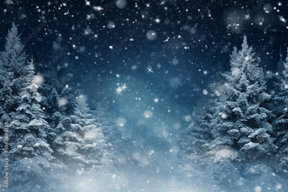 A serene winter landscape featuring snow-covered trees under a starry sky, creating a magical and peaceful atmosphere A serene winter landscape featuring snow-covered trees under a starry sky, creating a magical and peaceful atmosphere