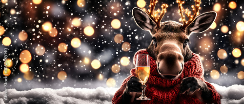 moose in winter scarf and sweater raising a champaign glass isolated on snowy christmas holiday background; creative idea for party advertising, new year's eve invitation, greeting cards