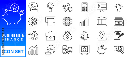 Business and Finance web icons in line style. Money, bank, contact, infographic. Icon collection. Vector illustration photo