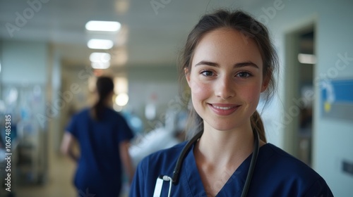 Young female healthcare professional in a hospital setting, looking at the camera with a professional smile, colleague working in the background photo