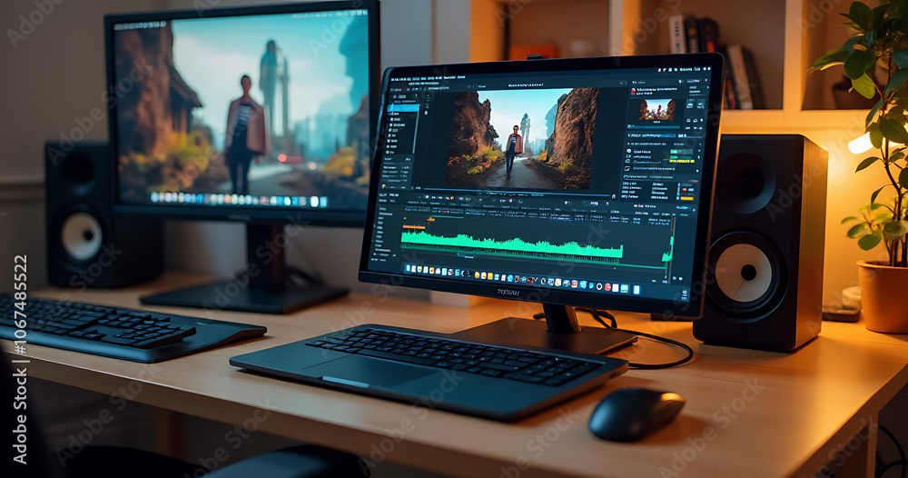 Reviewing a freelance desktop setup combining a laptop computer with a monitor for editing video content and filming vlogs efficiently together Reviewing a freelance desktop setup combining a laptop computer with a monitor for editing video content and filming vlogs efficiently together