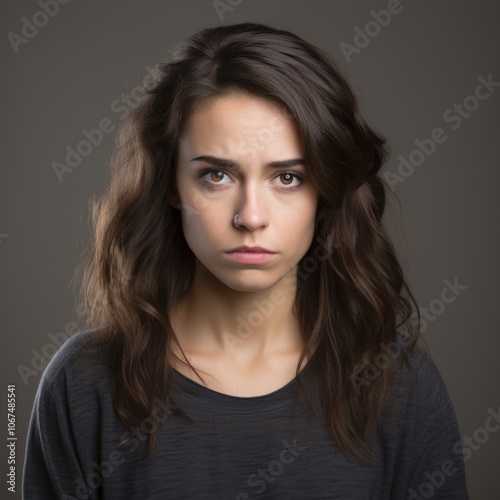 Anxious woman with a distressed expression set against a plain black backdrop