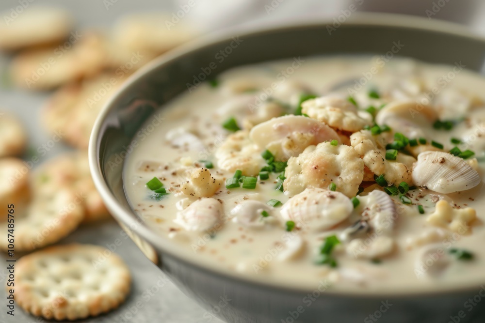 A bowl of creamy clam chowder with oyster crackers, copy space for text