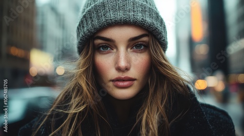 A fashionable young woman wearing a knit hat and a dark coat, standing confidently in a bustling city setting with skyscrapers and blurred lights behind her. photo