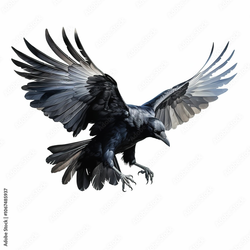 Fototapeta premium A black crow with its wings spread out in the air
