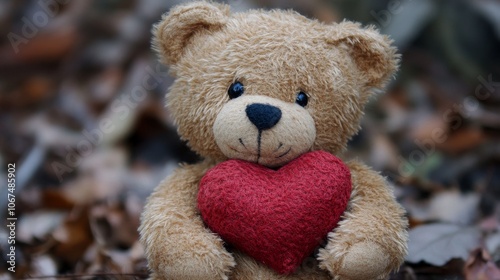 A charming teddy bear with button eyes sits in the woods, clutching a red plush heart, symbolizing love and comfort amidst a natural setting. photo