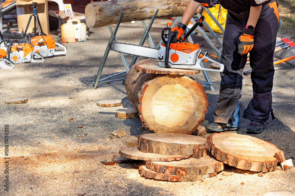 Crafting wooden slices outdoors with a chainsaw on a sunny day
