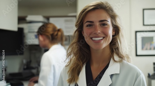 Young woman doctor in a medical office, smiling at the camera with a colleague visible in the background, showcasing a professional and friendly work environment