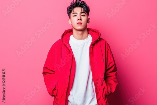 Full body studio portrait of a young Asian male model in a red street style outfit standing with hands in pockets and looking at the camera against a pink background