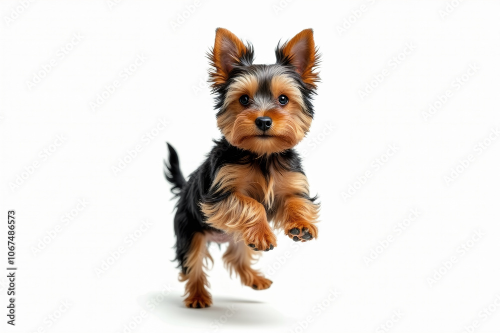 Portrait of a Yorkshire terrier puppy in jump on white background. Isolated image. Copy space. AI generative. Portrait of a Yorkshire terrier puppy in jump on white background. Isolated image. Copy space. AI generative.