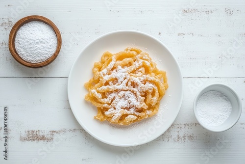 Funnel cakes called tippaleipa deep fried and coated in powdered sugar placed on a white wooden table viewed from above photo