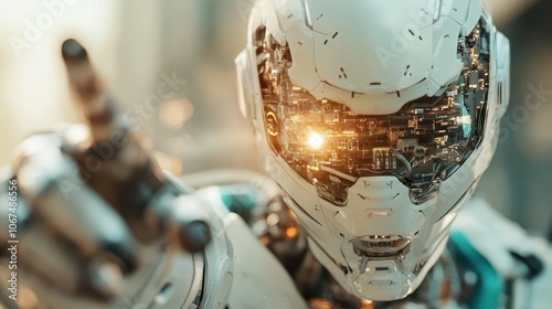 A high-tech robot reaches out, revealing glowing circuitry within its armored frame, showcasing its intricate and sophisticated concept of artificial intelligence. photo