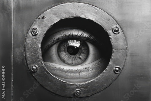 Gaze peering through a metal keyhole