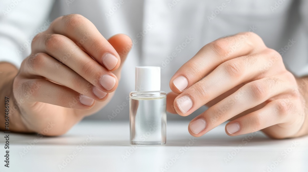 Close-up on man s hands using cuticle oil, neat nails, main keyword hand care for men, concept professional upkeep Close-up on man s hands using cuticle oil, neat nails, main keyword hand care for men, concept professional upkeep