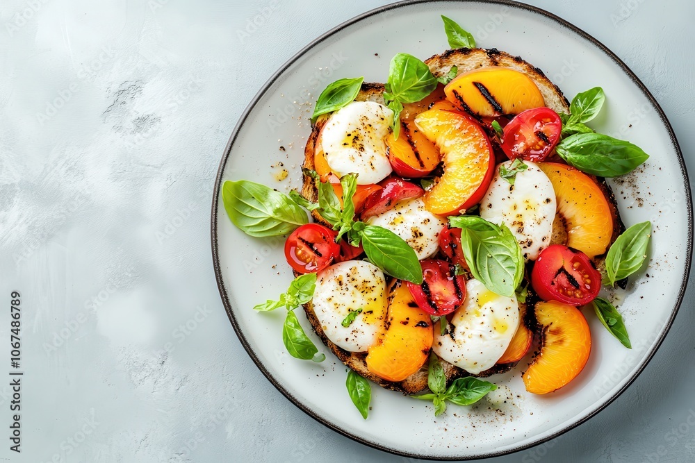 Grilled peach Caprese salad with mozzarella on toast Tasty balanced meal idea Space for text Aerial view Grilled peach Caprese salad with mozzarella on toast Tasty balanced meal idea Space for text Aerial view