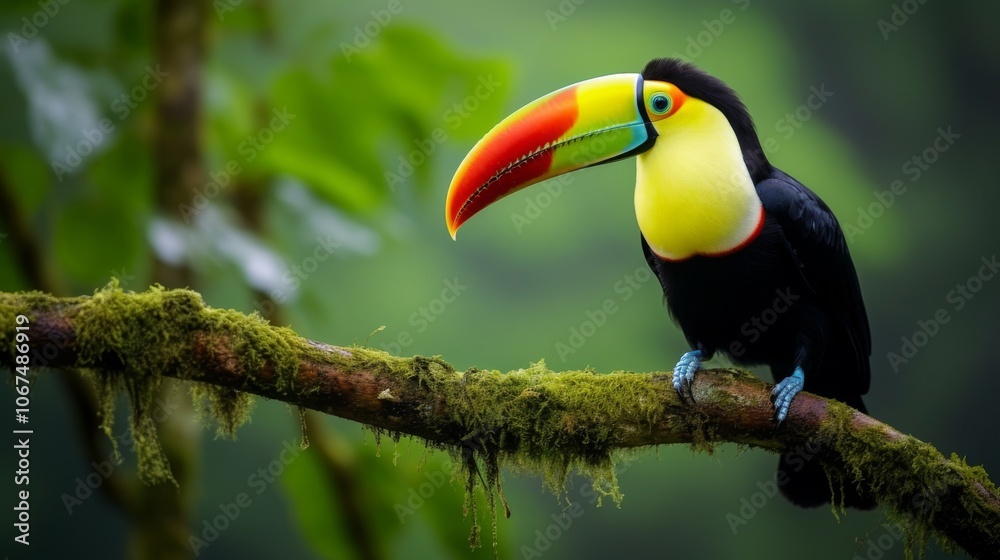 Naklejka premium Colorful toucan resting on a tree branch amidst the greenery of a cloud forest.