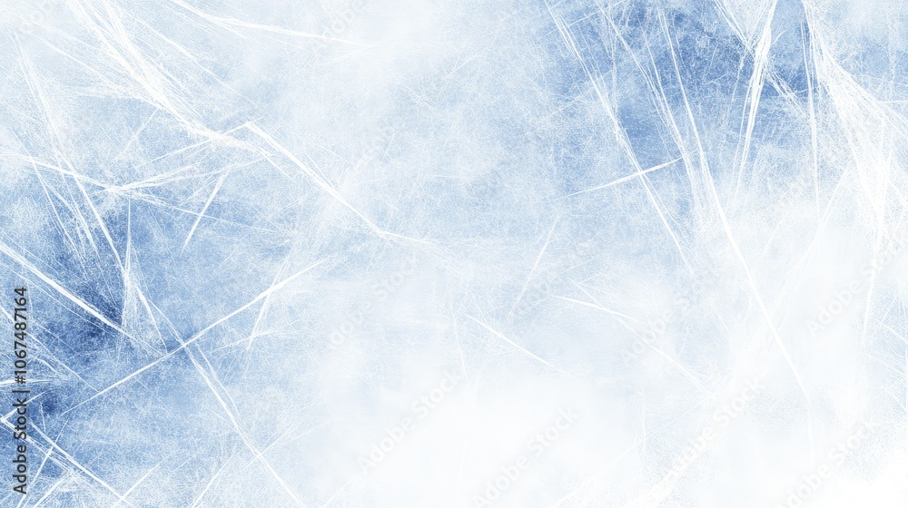 Fototapeta premium The image shows a close-up of a sheet of ice with a light blue tint. The ice has numerous cracks running through it in a web-like pattern. The cracks are mostly thin and white