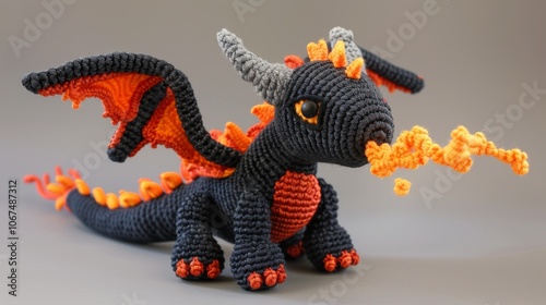 A charming crochet dragon with fiery orange details and flames, showcasing intricate amigurumi design set against a simple, elegant background for a fantasy vibe. photo