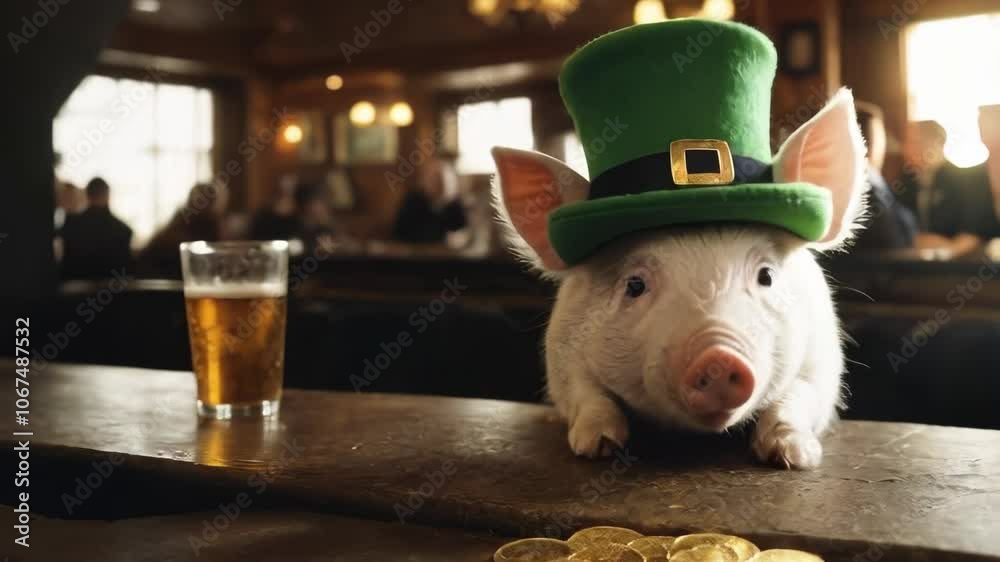 Little pig with a leprechaun hat at the Irish pub bar with gold coins and a glass of beer. Saint Patrick day concept.