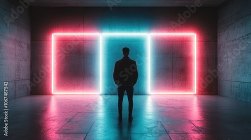 A person stands in a dark room with neon rectangular frames emitting red and blue lights, depicting a futuristic and contemplative atmosphere.