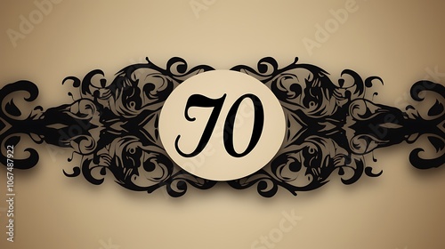 Elegant black floral design surrounding the number 70 on a beige background. photo