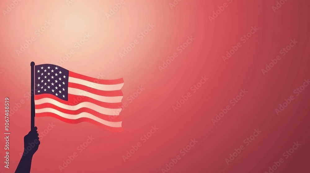 American Flag Waving Against Red Gradient Background American Flag Waving Against Red Gradient Background