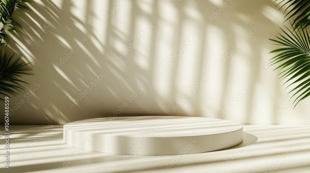 A minimalist round platform with shadows cast by palm leaves on a neutral wall, creating a serene and calming atmosphere in a sunlit space. A minimalist round platform with shadows cast by palm leaves on a neutral wall, creating a serene and calming atmosphere in a sunlit space.