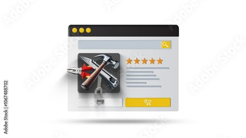 Online shopping and e-commerce application animation. Repair tools rating and adding to cart animation