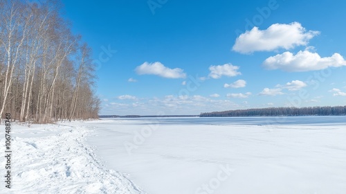 A serene winter landscape featuring a frozen lake surrounded by tree under a clear blue sky.