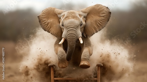 An action-packed shot of a wild elephant leaping through a wooden barrier, stirring up clouds of dust, showcasing strength and dynamism in a natural setting. photo