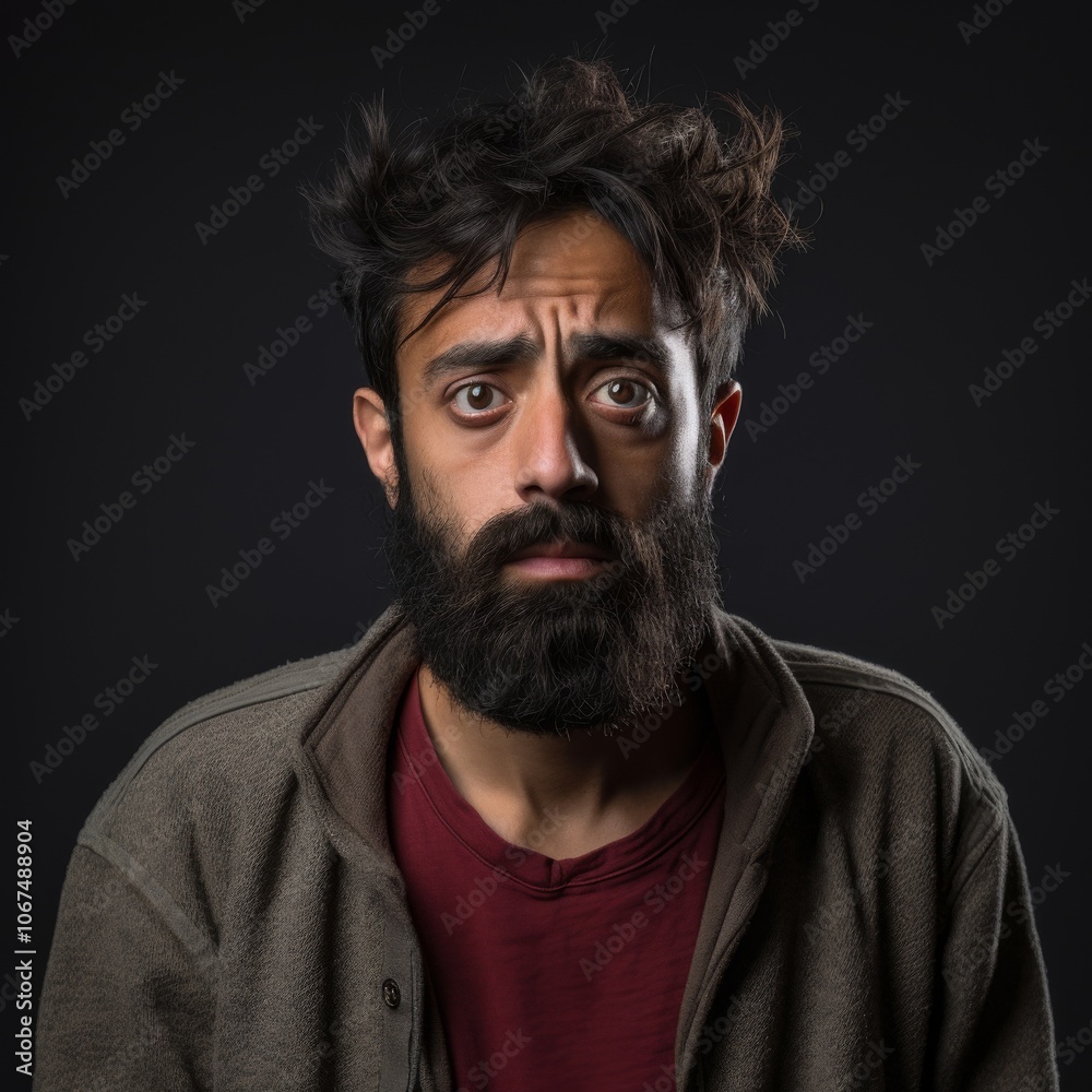 Afraid man with wide eyes and a tense expression wearing a casual t shirt on a plain white background Afraid man with wide eyes and a tense expression wearing a casual t shirt on a plain white background