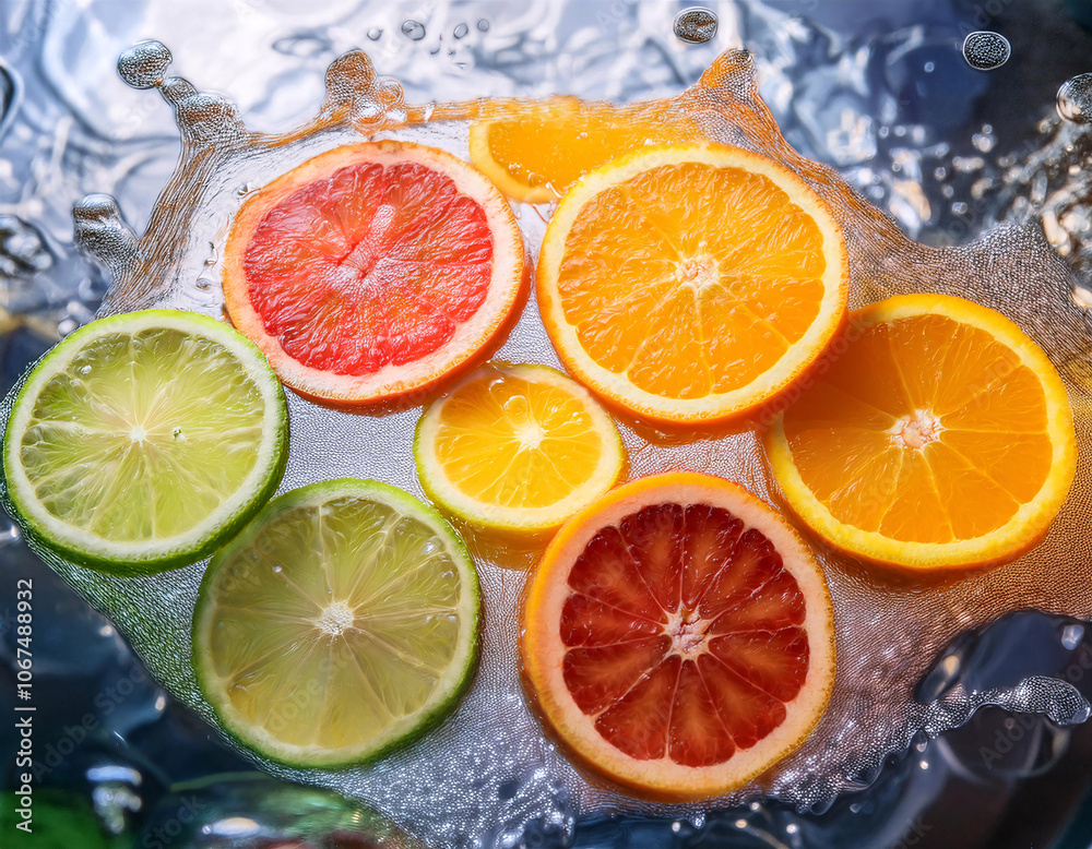 Citrus fruit slices and raspberries floating in water Citrus fruit slices and raspberries floating in water