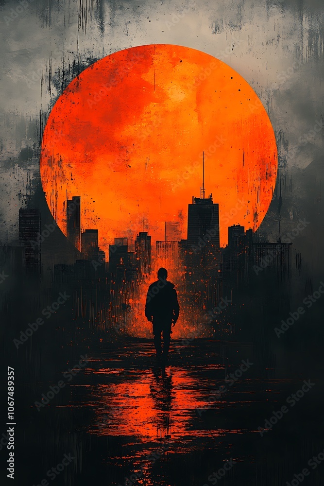 Fototapeta premium A city in flames as one man walks forward