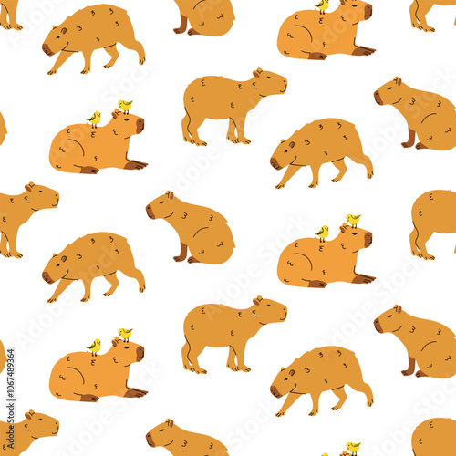 Seamless pattern with cute cartoon capybara illustration. South America fauna.