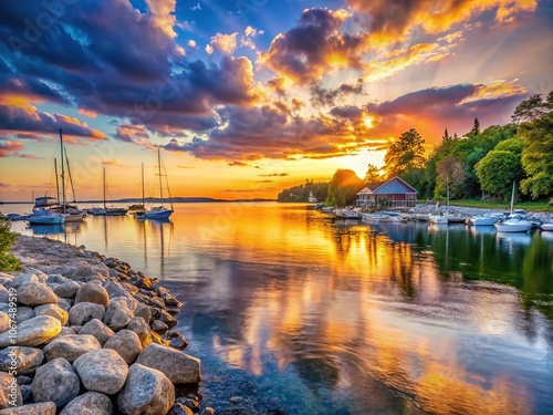Sister Bay Sunset, Door County, Wisconsin Marina Boats Rocks