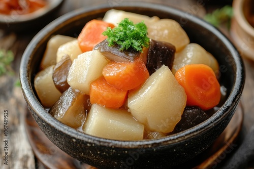 Japanese rice wine and accompaniments A dish of cooked dried radish shiitake and carrots Kiriboshi daikon is dried daikon radish photo