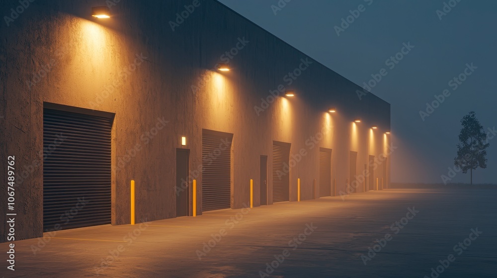 Warehouse Exterior at Night with Soft Lighting Warehouse Exterior at Night with Soft Lighting