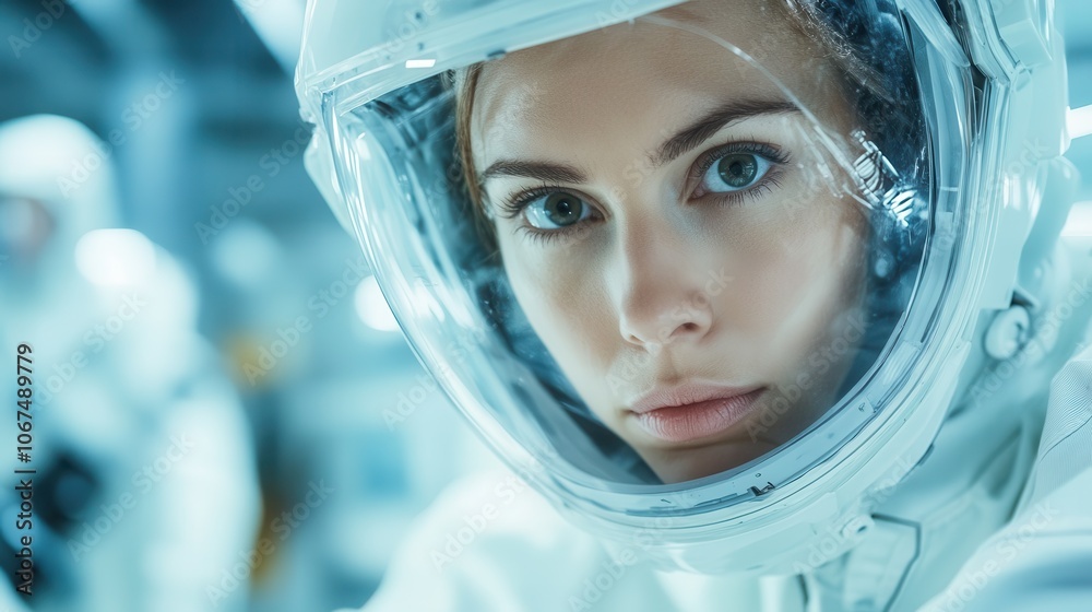 A striking image of an astronaut contemplating the mysteries of space, with her clear, reflective helmet encapsulating the spirit of exploration and human curiosity. A striking image of an astronaut contemplating the mysteries of space, with her clear, reflective helmet encapsulating the spirit of exploration and human curiosity.