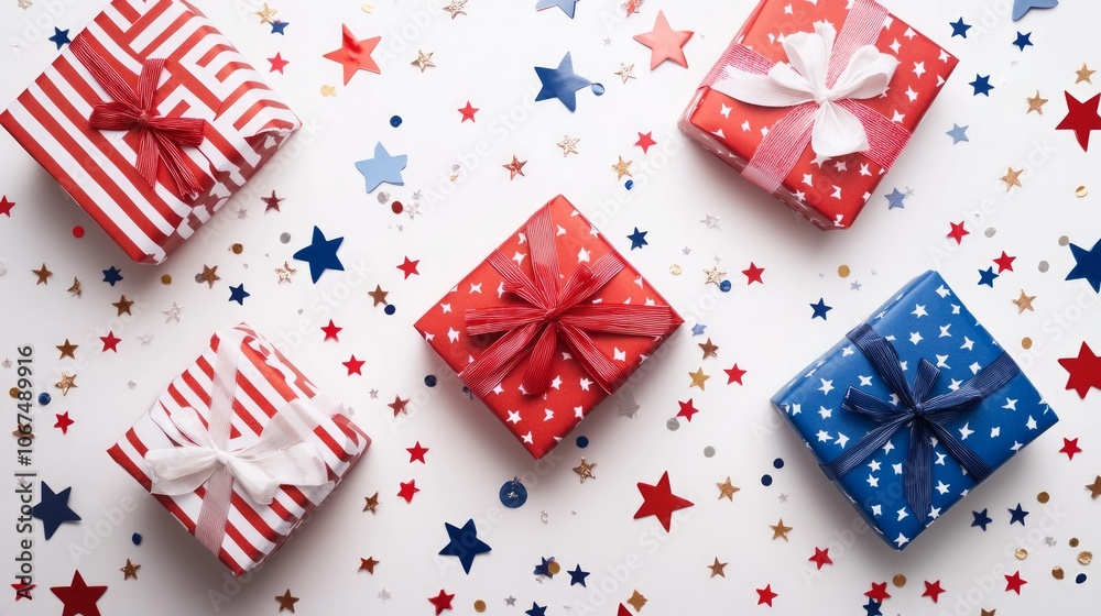 Obraz premium Festive Gift Boxes with Colorful Stars and Confetti Background