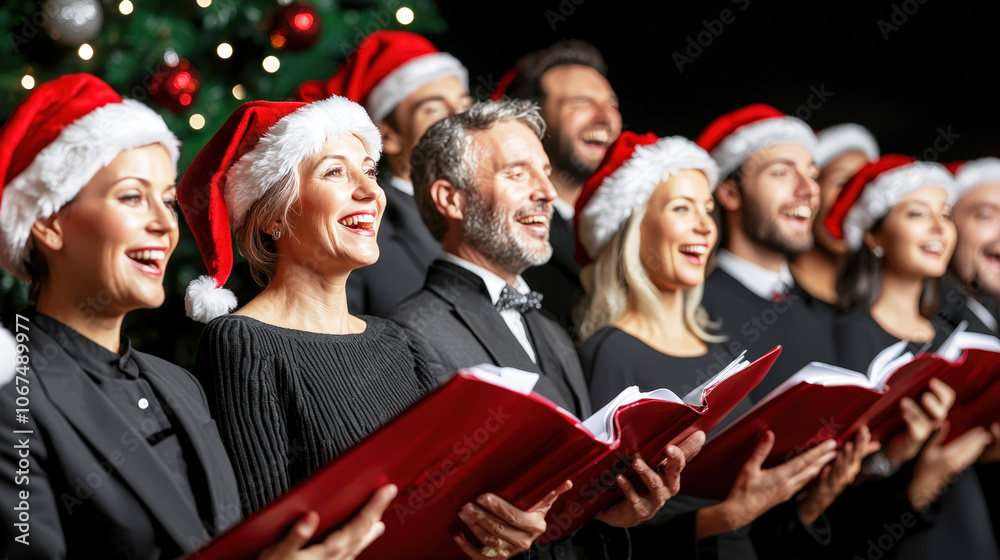 Obraz premium The choir performs cheerful Christmas songs while wearing Santa hats, spreading holiday spirit in an enchanting atmosphere