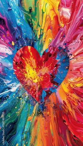 Vibrant Valentine's Day Greeting Card with Colorful Paint Heart Explosion Design