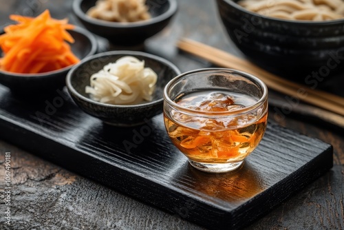 Japanese sake with accompaniments A meal featuring simmered dried daikon shiitake and carrots Kiriboshi daikon is dried daikon radish photo