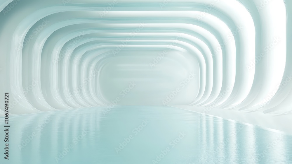 A stunning, futuristic hallway featuring a series of smooth, white arches, reflecting on a glossy floor, filling the space with light and an air of endless possibilities. A stunning, futuristic hallway featuring a series of smooth, white arches, reflecting on a glossy floor, filling the space with light and an air of endless possibilities.