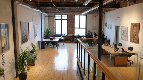 Modern office space with wooden floors, plants, and artwork, promoting a creative work environment.