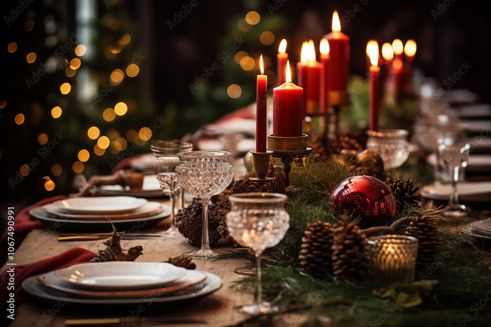 Naklejka premium A beautifully decorated holiday dining table featuring candles, pine cones, and ornaments, creating a warm, festive atmosphere perfect for family gatherings.
