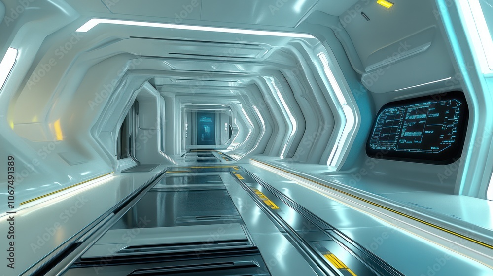 Obraz premium Futuristic white corridor with glowing lights and a screen displaying data.