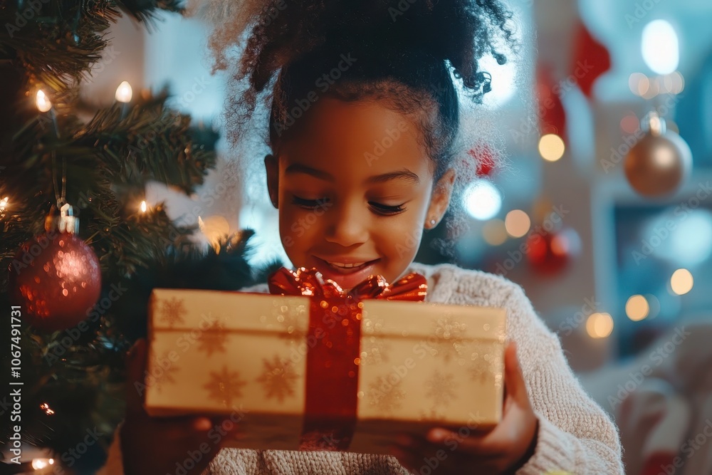 Kid unwrapping present beneath holiday tree Kid unwrapping present beneath holiday tree