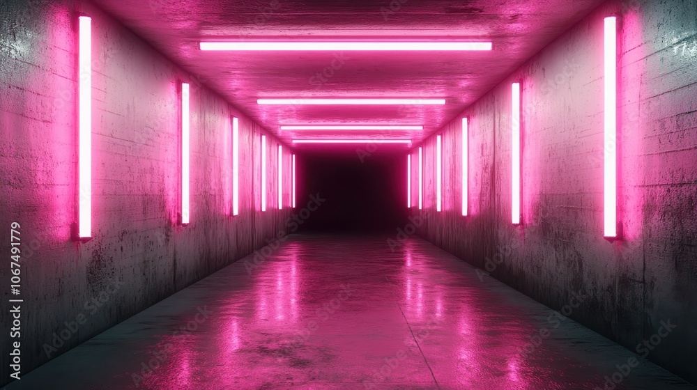 A narrow hallway lined with bright neon pink lights, creating a vibrant and electrifying atmosphere that evokes a sense of adventure and modern art style.