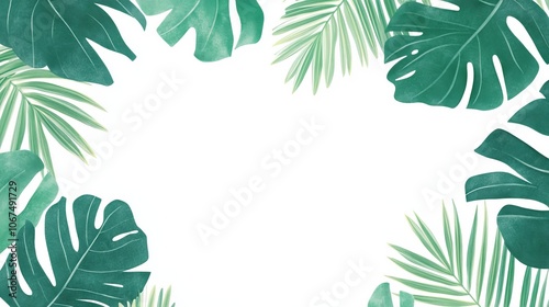 A border of tropical green leaves framing a blank white space for text or design.